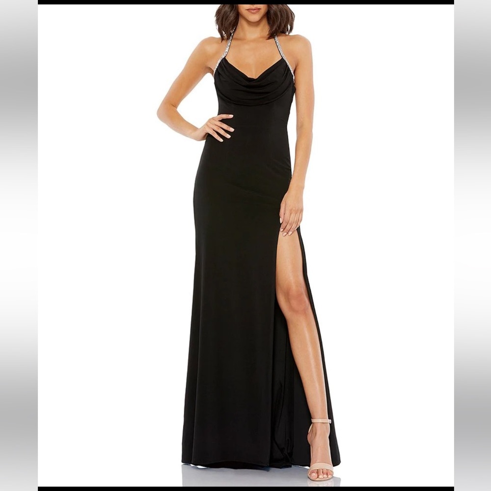 Mac Duggal Black Gown,size 2: Jersey Cowl Neck,Rhinestone Strappy Back,high slit